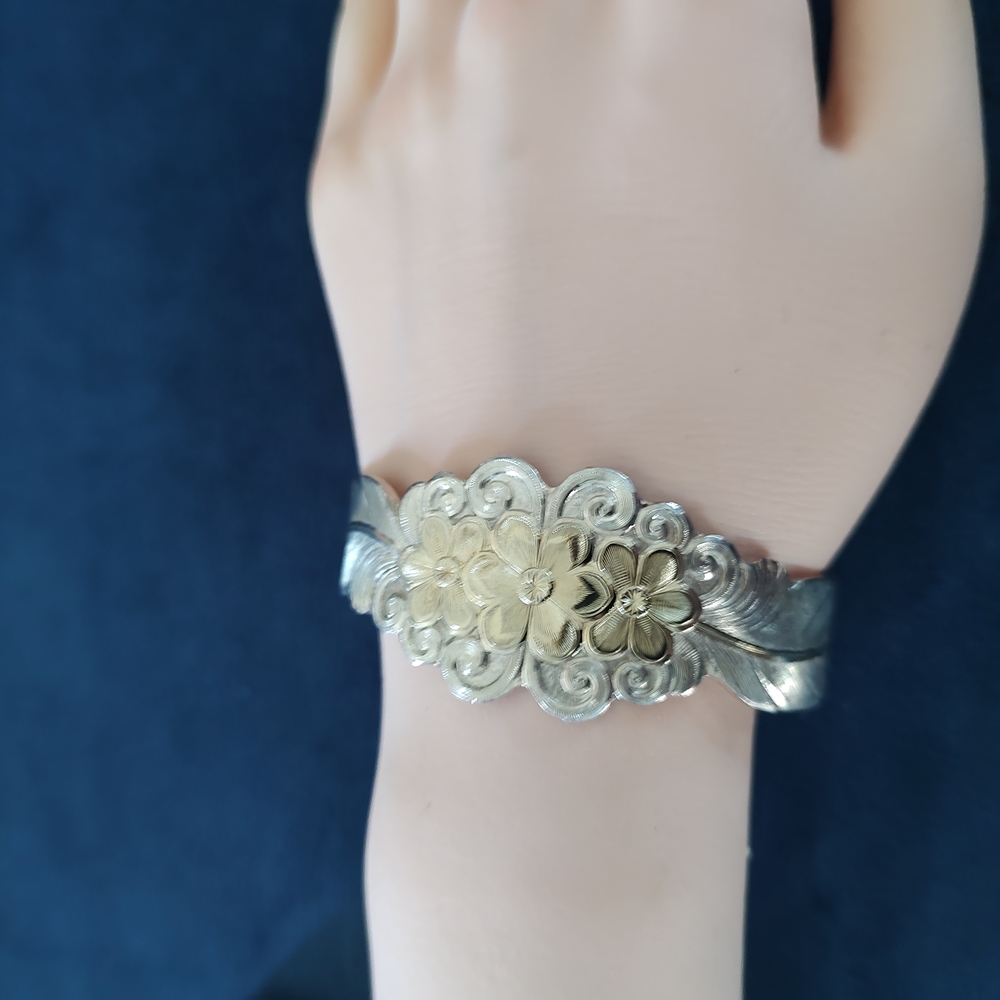 Elegant 2 Tone Silver Floral Bracelet - Picture 2 of 5